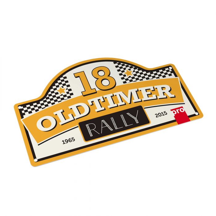 Ralleyschild mit Oldtimer-Design, individuell gestaltbar, erhältlich bei Signalshop.de, Werbeartikel, Werbegeschenke, Werbemittel, Giveaway.