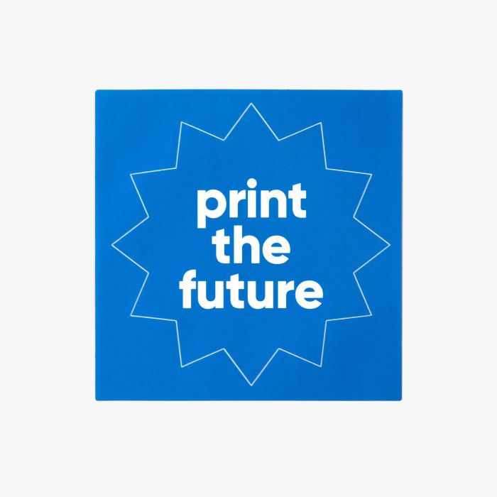 Blauer Aufkleber mit weißem Text 'print the future', individuell gestaltbar, Signalshop.de Werbeartikel.