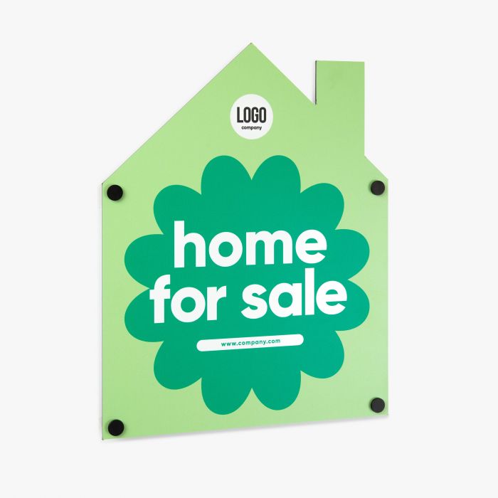 Grünes Fassadenschild in Hausform mit "home for sale" Text, individuell gestaltbar bei Signalshop.de, Werbeartikel.