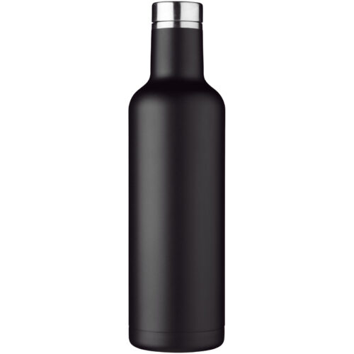 Eine elegante schwarze Isolierflasche mit einem metallisch-silbernen Deckel auf weißem Hintergrund.