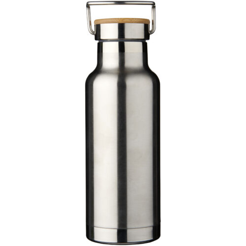 Wasserflasche aus Edelstahl mit Holzdeckel und Metallgriff. personalisierte trinkflasche