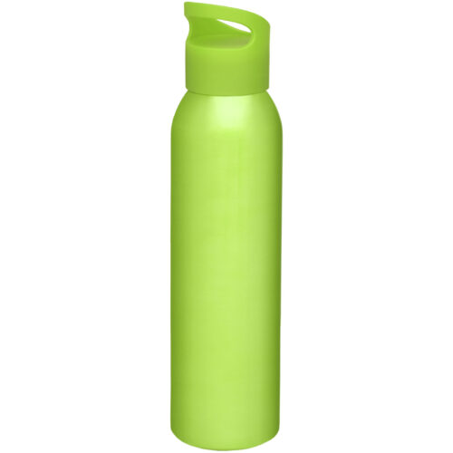 Grüne wiederverwendbare Wasserflasche mit Schraubdeckel und Tragegriff.