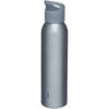 Silberne Wasserflasche aus Metall mit grauem Deckel und kleinem Logo am Boden.