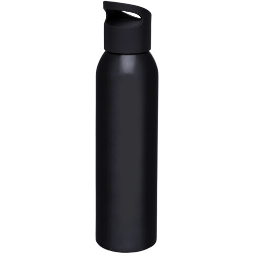 Eine elegante schwarze Wasserflasche mit Schraubdeckel und Tragegriff.