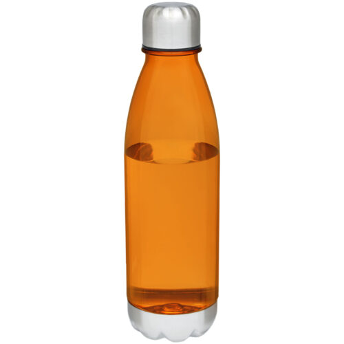 Orangefarbene transparente Wasserflasche mit silbernem Schraubverschluss, teilweise mit Flüssigkeit gefüllt.