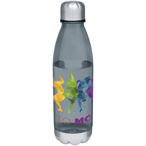 Eine durchsichtige Wasserflasche mit bunten geometrischen Tanzfiguren und dem Wort TOMORROW auf dem Boden.