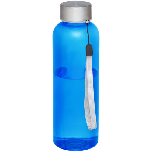 Blaue Wasserflasche mit silbernem Deckel und grauem Riemen.