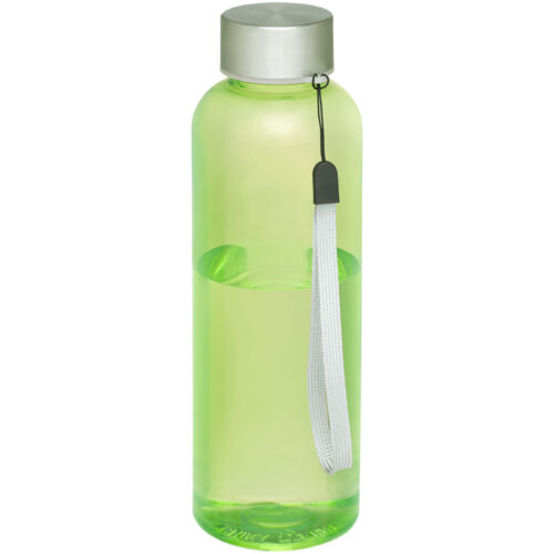 Grüne transparente Wasserflasche mit silbernem Deckel und weißer Trageschlaufe.