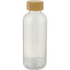 Klare Wasserflasche aus Glas mit rundem Bambusdeckel.