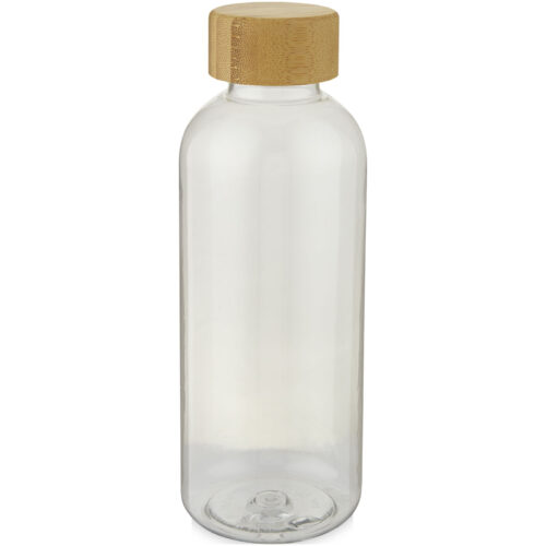 Klare Wasserflasche aus Glas mit rundem Bambusdeckel.