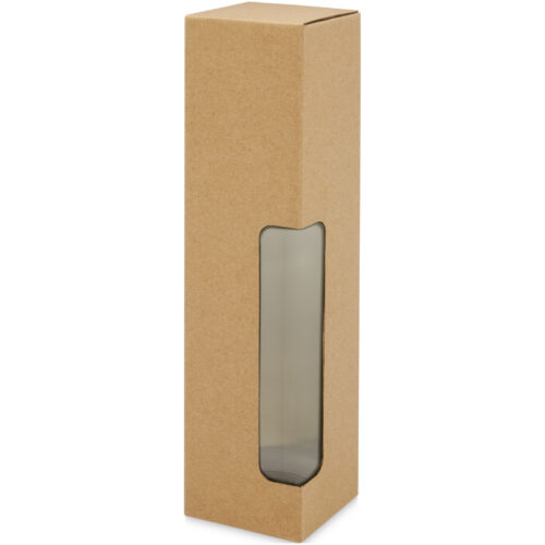 Hoher Karton mit transparentem Fenster, durch das die Flasche im Inneren sichtbar ist.