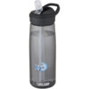 Graue CamelBak-Wasserflasche mit Strohhalm und H2O-Logo auf der Vorderseite.