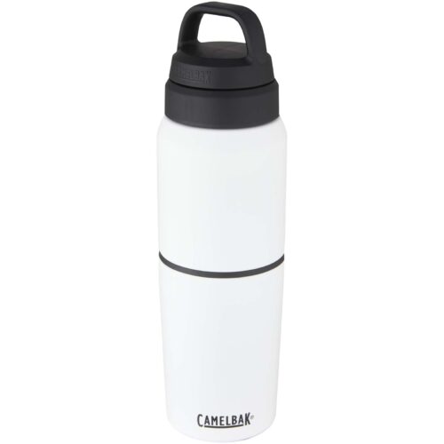 Weiße CamelBak-Wasserflasche mit schwarzem Deckel und Tragegriff.