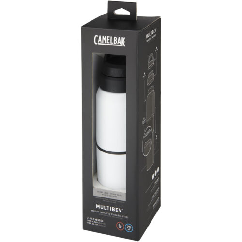 Isolierte Edelstahlflasche CamelBak Multibev in schwarzer Verpackung mit Abbildungen an der Seite.