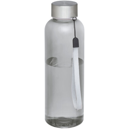 Transparente Wasserflasche mit Metallverschluss und weißem Riemen.