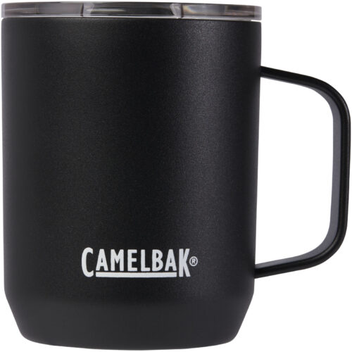 Ein schwarzer Camelbak-Becher mit Henkel und durchsichtigem Deckel.