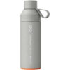 Graue Wasserflasche mit TECH2 DEVELOPMENT-Logo, Schlaufengriff und orangefarbenem Boden.