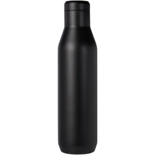 Elegante schwarze Wasserflasche aus Edelstahl vor weißem Hintergrund.