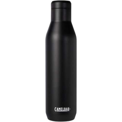 Eine schwarze isolierte CamelBak-Wasserflasche mit schlankem Design.