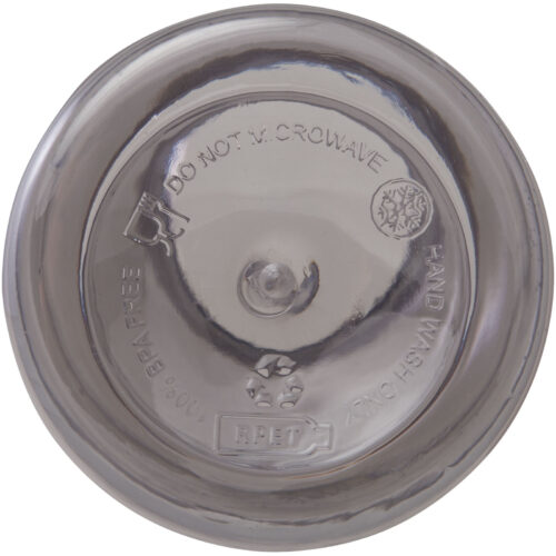 Silberner Deckel mit geprägtem Design mit „Nicht in die Mikrowelle stellen“, Recyclingsymbol und dem Text „Nur von Hand waschen“.
