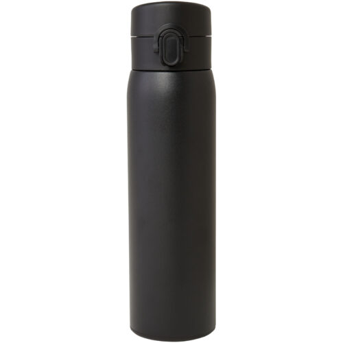 Elegante schwarze Thermosflasche mit sicherem Deckel, für heiße oder kalte Getränke.