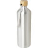 Silberne Aluminium-Wasserflasche mit Holzverschluss und grauem Riemen.