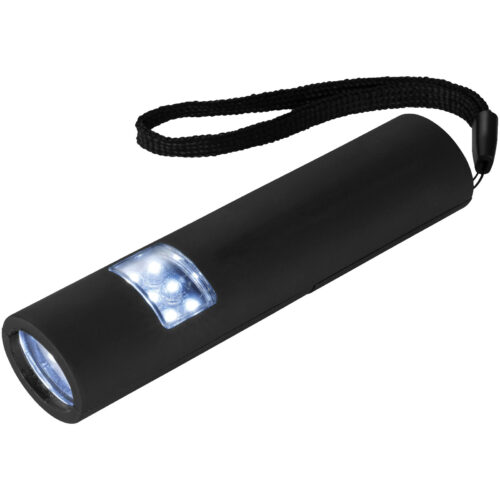 Eine schwarze Taschenlampe mit daran befestigter Handschlaufe, die Licht aus mehreren kleinen LED-Lampen ausstrahlt.