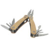 Multitool mit Holzgriff und verschiedenen offenen Metallwerkzeugen, darunter Zange, Messer und Schraubendreher.