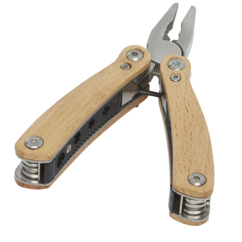 Multitool mit Holzgriff, Zange und Zusatzwerkzeugen wie Schraubendreher und Messer, teilweise geöffnet dargestellt.