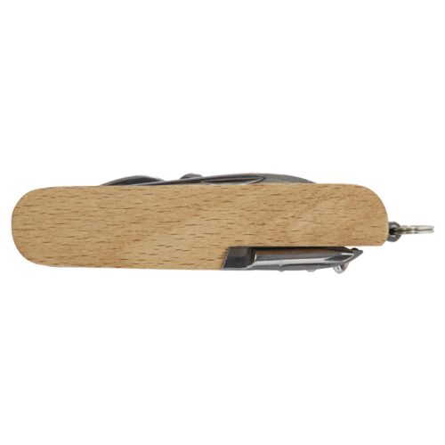 Multitool-Taschenmesser mit Holzgriff und geschlossener Klinge.