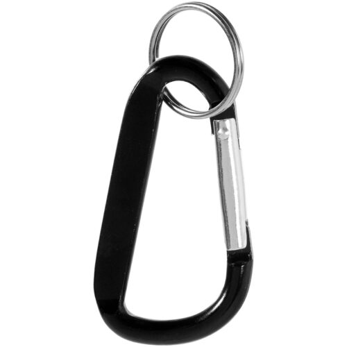 Ein schwarzer Karabiner-Schlüsselanhänger mit einem silbernen Schlüsselring.