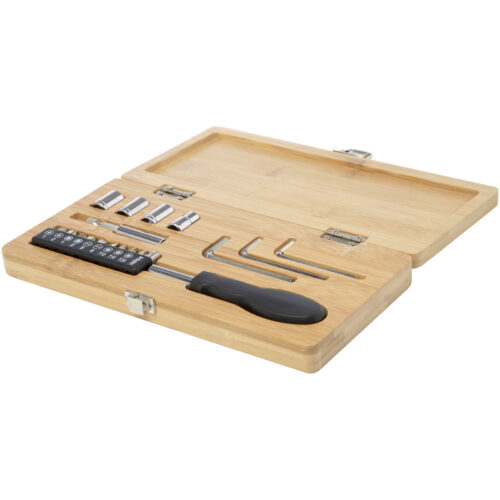 Holzkoffer mit Schraubendrehersatz inkl. mehrerer Bits und Inbusschlüssel.
