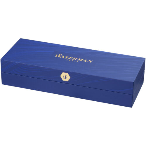 Blaue Stiftbox von Waterman Paris mit goldenem Logo oben.