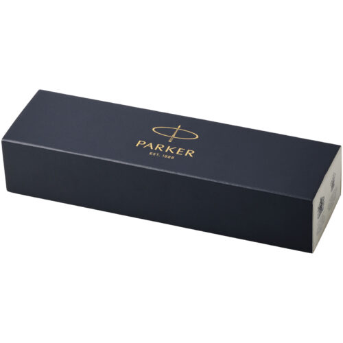 Eine elegante schwarze Stiftbox von Parker mit goldenem Logo und Schriftzug auf dem Deckel.