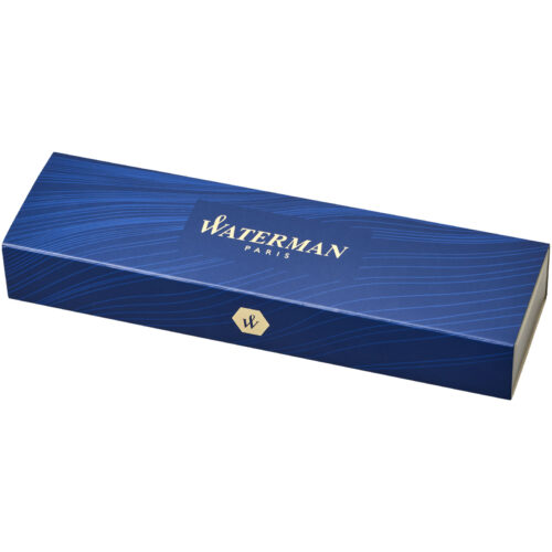 Blaue Stiftebox von Waterman Paris mit goldenem Logo und Wellenliniendesign.