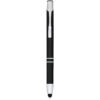 Ein eleganter schwarz-silberner Eingabestift mit Clip, der aufrecht auf einem weißen Hintergrund steht.
