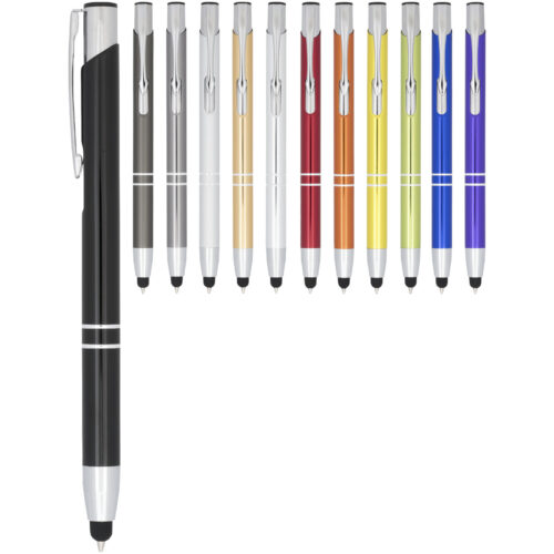 Ein Set mit 12 Eingabestiften in verschiedenen Farben, in einer Reihe angeordnet, wobei der schwarze Stift vertikal links positioniert ist.