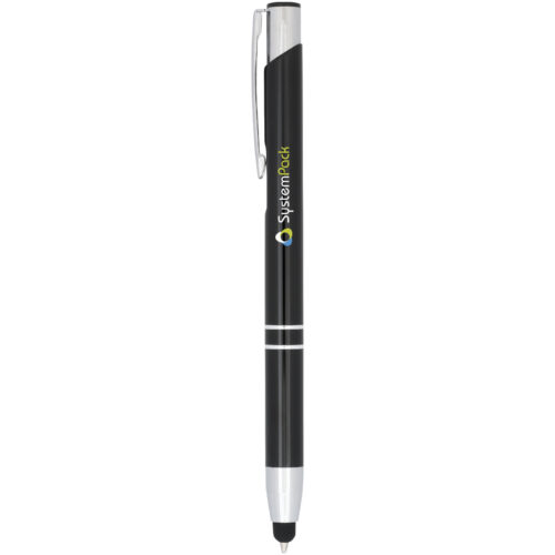 Ein schwarzer Stift mit Stiftspitze und Clip, mit seitlich aufgedrucktem System Pack-Logo.