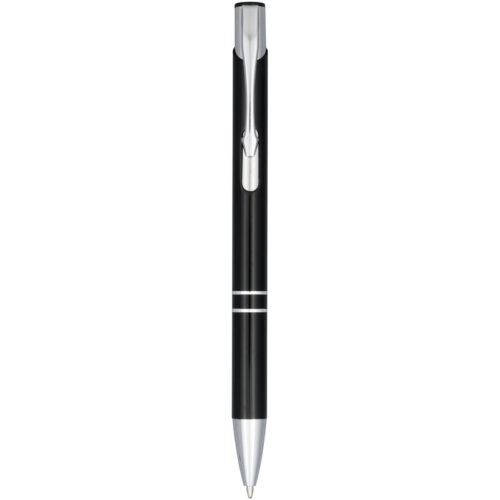 Ein eleganter, aufrecht stehender Stift in Schwarz und Silber mit Metallclip.