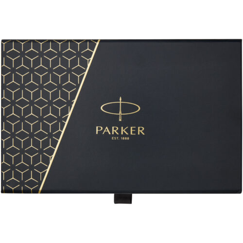 Schwarze Stiftbox von Parker mit goldenem geometrischem Muster und Logo.