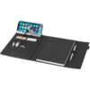 Offener Organizer mit Smartphone-Halter, Notizbuch, Stift, USB-Kabeln und Speicherkarten-Slots auf schwarzem Cover.