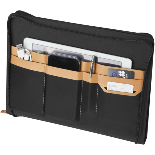 Schwarzer Portfolio-Organizer mit Taschen für Telefon, Tablet, Karten, Stift, USB-Stick und Kabel.