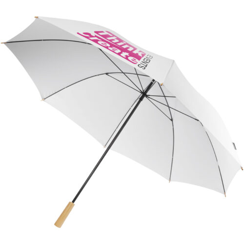 Weißer Regenschirm mit Holzgriff und den Worten „Think Create Events“ in Pink und Schwarz oben.