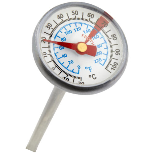 Nahaufnahme eines runden Thermometers mit einer Metallsonde, das die Temperatur in Celsius und Fahrenheit anzeigt.