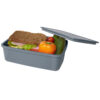 Eine Lunchbox mit Sandwich, Tomate, Gurke und Salat, deren Deckel leicht geöffnet ist.