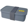 Eine graue Lunchbox mit einem Riemen mit der Aufschrift „Lunch Break“ auf dem Deckel.