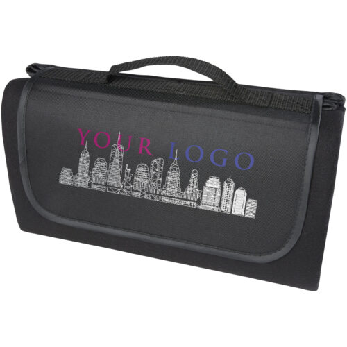 Schwarze Tragetasche mit Stadtskyline-Design und Ihrem Logotext in Blau und Lila.