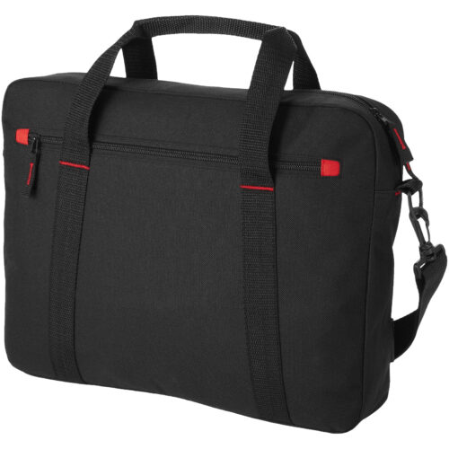 Schwarze Laptoptasche mit roten Akzenten, mit Tragegriffen und abnehmbarem Schultergurt.