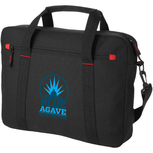 Schwarze Laptoptasche mit Griffen, Schultergurt und einem blauen Blue Agave Construction-Logo.