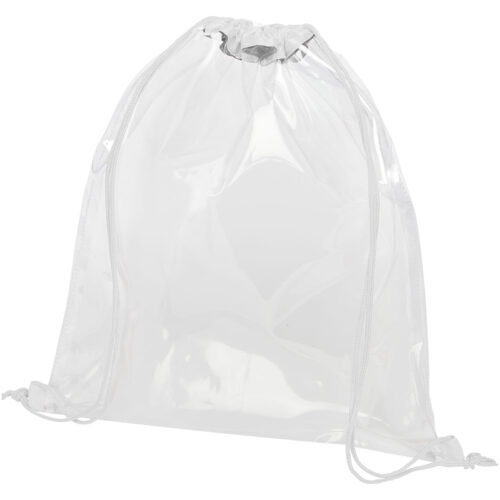 Transparenter Rucksack mit Kordelzug und weißen Kordeln auf weißem Hintergrund.